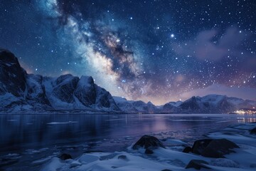Milky Way over frozen sea and snowy mountains in Lofoten Islands  Norway.