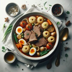 Fototapeta na wymiar bowl of vegetable soup with mushrooms and meat