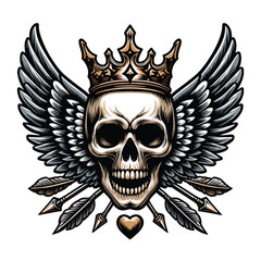 Skull wings crown vector illustration, winged skull badge emblem template suitable for apparel t-shirt, poster, motorbike club logo, tattoo. Design isolated on white background