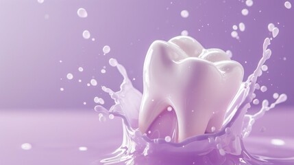 A tooth with splash on purple pastel background