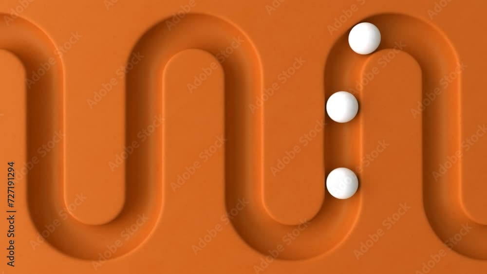 Poster Cycled minimal animation. White balls rolling in geometry deepening. Ball rolling along the paths. 3d animation of a seamless loop