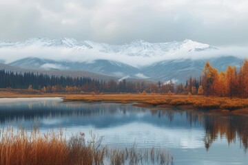 Autumn day in Lake Cicely Altai  Siberia  Taiga  mountains  and beautiful sky.