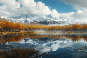 Fototapeta na wymiar Autumn day in Lake Cicely Altai Siberia Taiga mountains and beautiful sky.