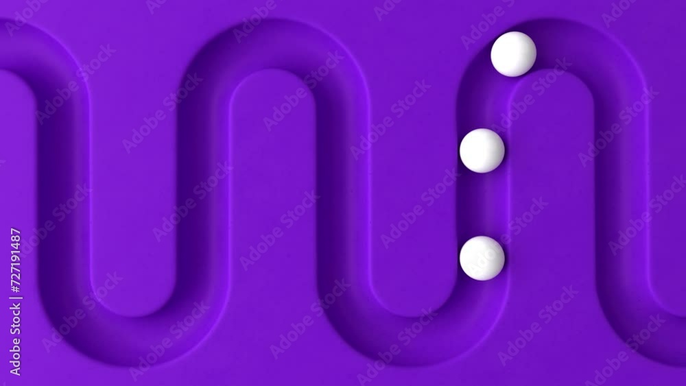 Poster Cycled minimal animation. White balls rolling in geometry deepening. Ball rolling along the paths. 3d animation of a seamless loop