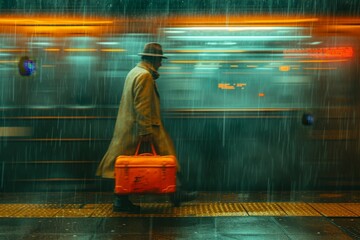 A lone figure, adorned in a yellow jacket, treks down the dimly lit street with a suitcase in hand, his destination unknown as he follows the tracks towards the train station