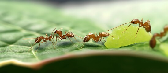 macro of red ant, weaver ant approaching on a green leaf