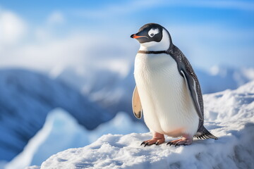 portrait of penguin on snow mountain. Generated AI