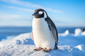 Fototapeta premium portrait of penguin on snow mountain. Generated AI