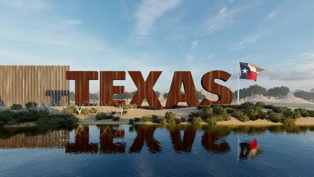 3D animation of the inscription texas with a flying flag against the background of the border wall being built symbolizing closing and defending the borders in Texas. 