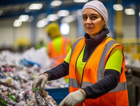 Arbeiterin in einer Recyclinganlage sortiert den Plastikabfall aus