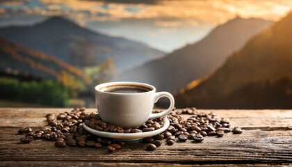 cup of coffee with beans on wooden table