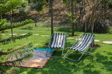 sunbeds on grass by mat and tree at outdoor cafe and restaurant