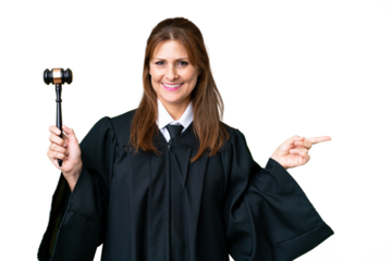 Judge caucasian woman over isolated background pointing finger to the side