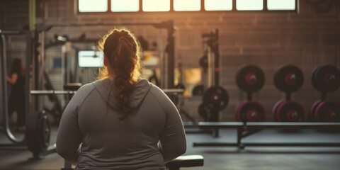 An overweight woman stands with her back in the gym preparing to play sports, the concept of an active life, taking care of the body and building a relationship with weight - obrazy, fototapety, plakaty
