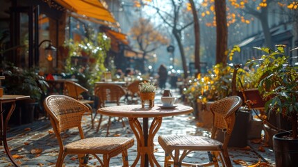 Fototapeta na wymiar Outdoor empty coffee and restaurant terrace with potted plants tables and chairs in indie and hipster style