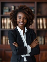 Proud African attorney with leadership skills working confidently in a law firm.