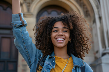 Delighted African American girl, hand uplifted, walking away from university lectures, a picture of relaxation and cheer.black history month.