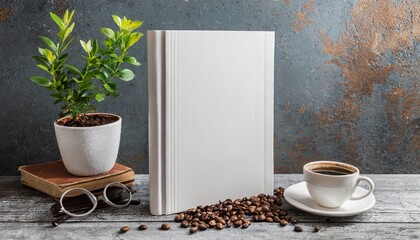 blank book cover for mock up with coffee plant and reading glasses