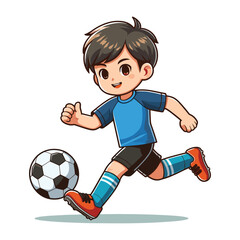 Happy cute little boy playing soccer football game in action cartoon vector illustration, kid player kicking ball design template isolated on white background