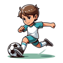 Happy cute little boy playing soccer football game in action cartoon vector illustration, kid player kicking ball design template isolated on white background