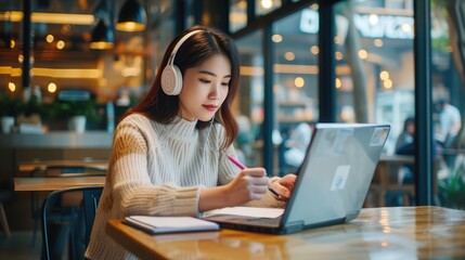 Asian female student or office worker studying online using headphones and laptop taking notes in notebook sitting at coffee shop table relaxing - obrazy, fototapety, plakaty