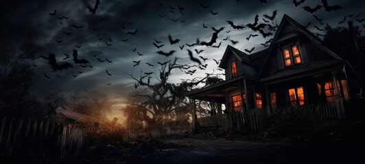 Fototapeta na wymiar Haunted House with Flock of Bats at Dusk