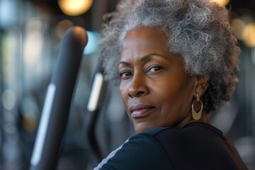 An overweight afro american mature elderly middle aged woman stands with her back in the gym preparing to play sports, the concept of an active life in old age, taking care of the body 