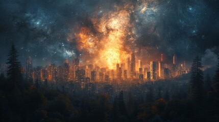 Forest's Edge Overlooking a Glowing City - obrazy, fototapety, plakaty
