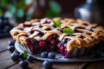 Close up tasty blueberry pie on the table, blueberry, Slice, Generated AI.