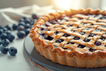 Close up tasty blueberry pie on the table, blueberry, Slice, Generated AI.