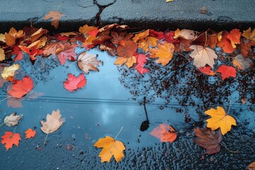 A serene autumn reflection of a maple leaf, resting on a puddle of water amidst the fallen leaves on the ground