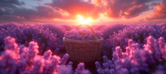 Zelfklevend Fotobehang A vibrant bouquet of purple flowers blooms against the backdrop of a stunning sky, capturing the essence of nature's beauty in one breathtaking moment © Larisa AI