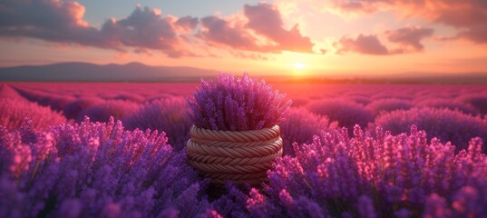 As the sun rises over the violet sky, a basket of lavender sits among a sea of pink and magenta flowers, creating a breathtaking landscape in the great outdoors - obrazy, fototapety, plakaty