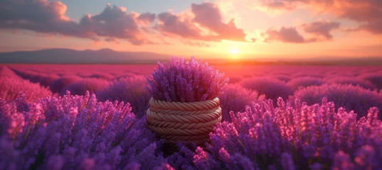 Foto op Canvas As the sun rises over the violet sky, a basket of lavender sits among a sea of pink and magenta flowers, creating a breathtaking landscape in the great outdoors © Larisa AI