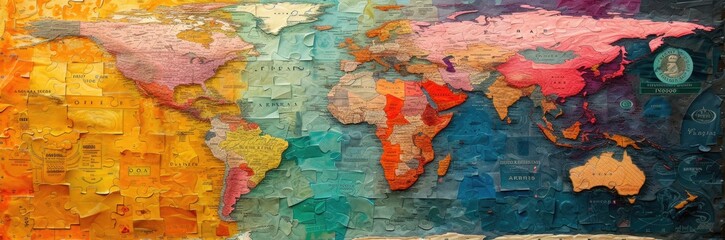 A world map made of various currencies, highlighting global trade networks