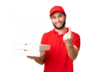 pizza delivery man with work uniform picking up pizza boxes over isolated chroma key background doing coming gesture
