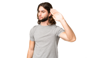Young handsome man over isolated chroma key background making stop gesture and disappointed