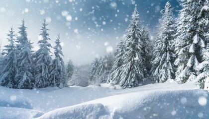 snowfall in winter forest beautiful landscape with snow covered fir trees and snowdrifts merry christmas and happy new year greeting background with copy space winter fairytale