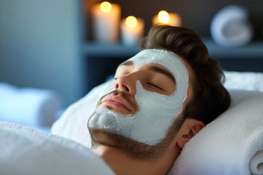 Close-up portrait of  man with facial mask application at spa salon. Facial treatment. Skin care. 