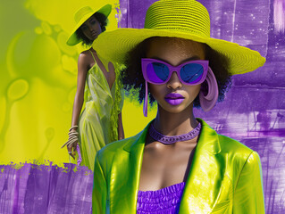 collage of a woman wearing sunglasses and hat in purple and green colors, ai