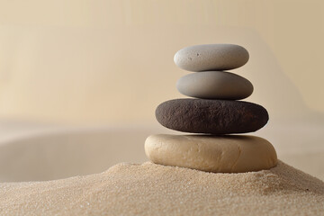 Fototapeta na wymiar Three stones stacked on top of each other on a beige background, zen, natural meditation concept