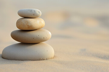 Fototapeta na wymiar Three stones stacked on top of each other on a beige background, zen, natural meditation concept