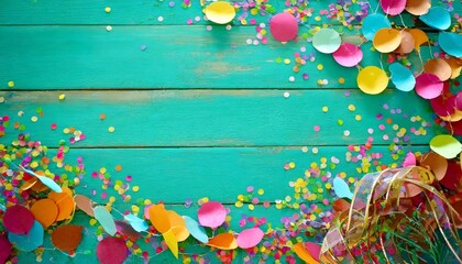 colorful confetti on a wooden turquoise background free copy space