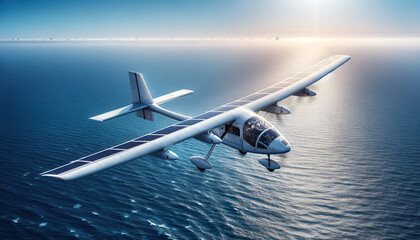A solar plane flies over the ocean. Solar powered planes today are only capturing about 10 or 20...