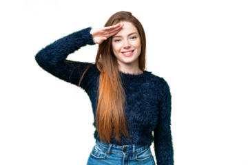 Young pretty woman over isolated chroma key background saluting with hand with happy expression