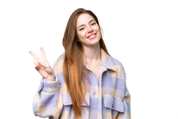 Young pretty woman over isolated chroma key background smiling and showing victory sign