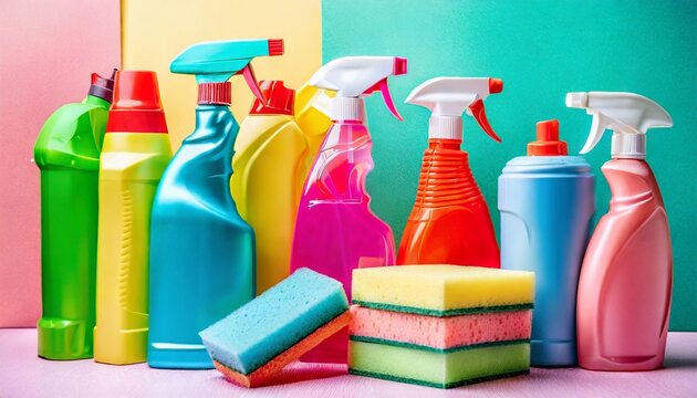 cleaning supplies bottles sprays sponge on bright pastel background