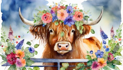 beautiful watercolor highland cow with flowers on her heand floral headboard