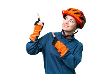 Young cyclist woman over isolated chroma key background pointing with the index finger a great idea - obrazy, fototapety, plakaty
