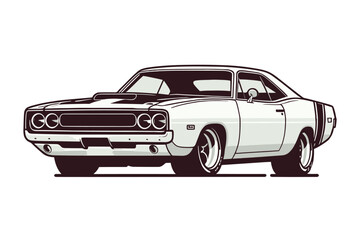 Vintage American muscle car vector illustration, classic retro custom muscle car design template isolated on white background
